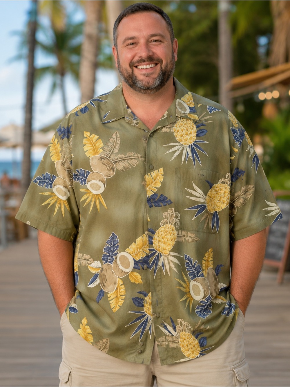 Pierre Cardin Men’s XL Hawaiian Shirt Pineapple Coconut Tropical 100% Cotton